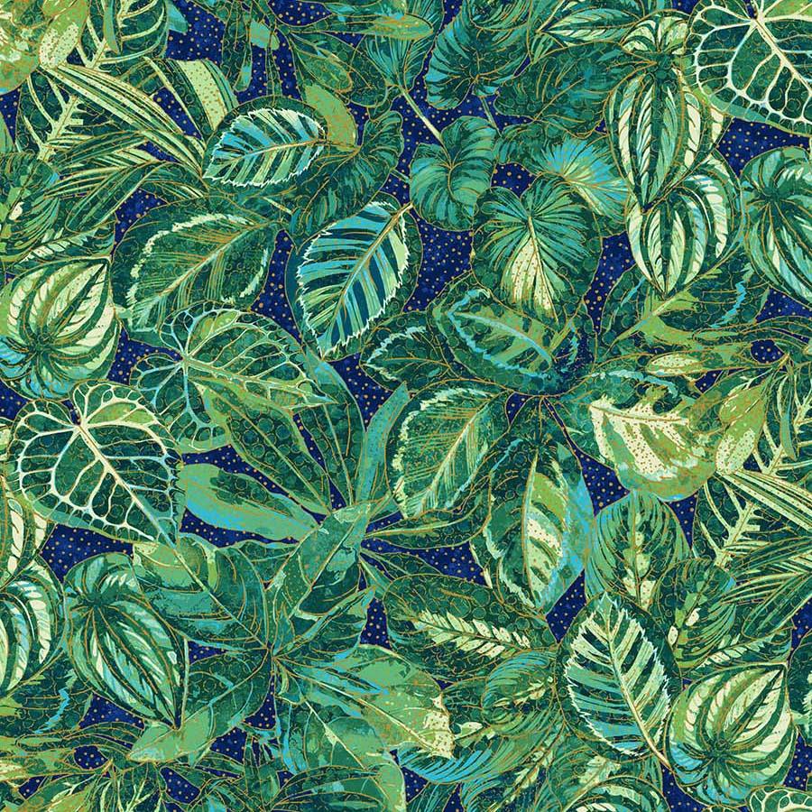 Tropical leaf fabric, blue and green Shimmer Paradise Elephants Ear pattern