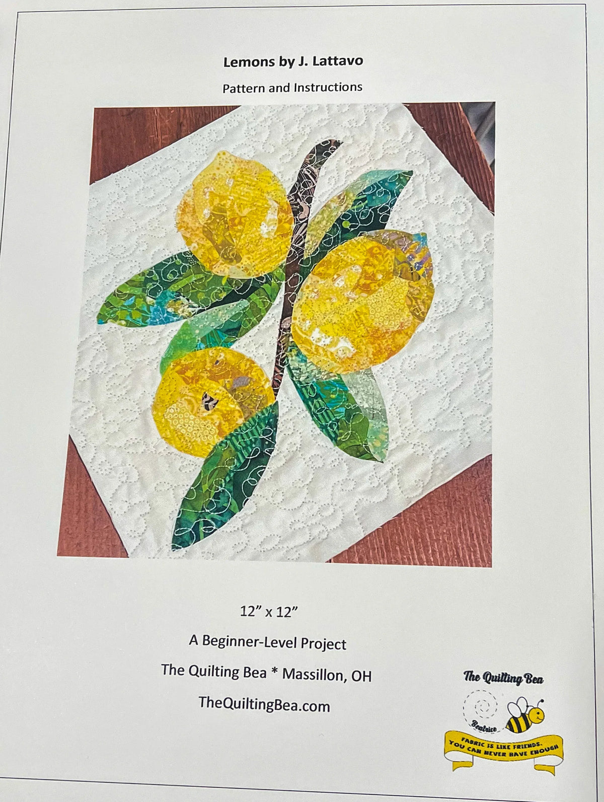 Lemons quilting pattern and instructions page with yellow lemon applique block