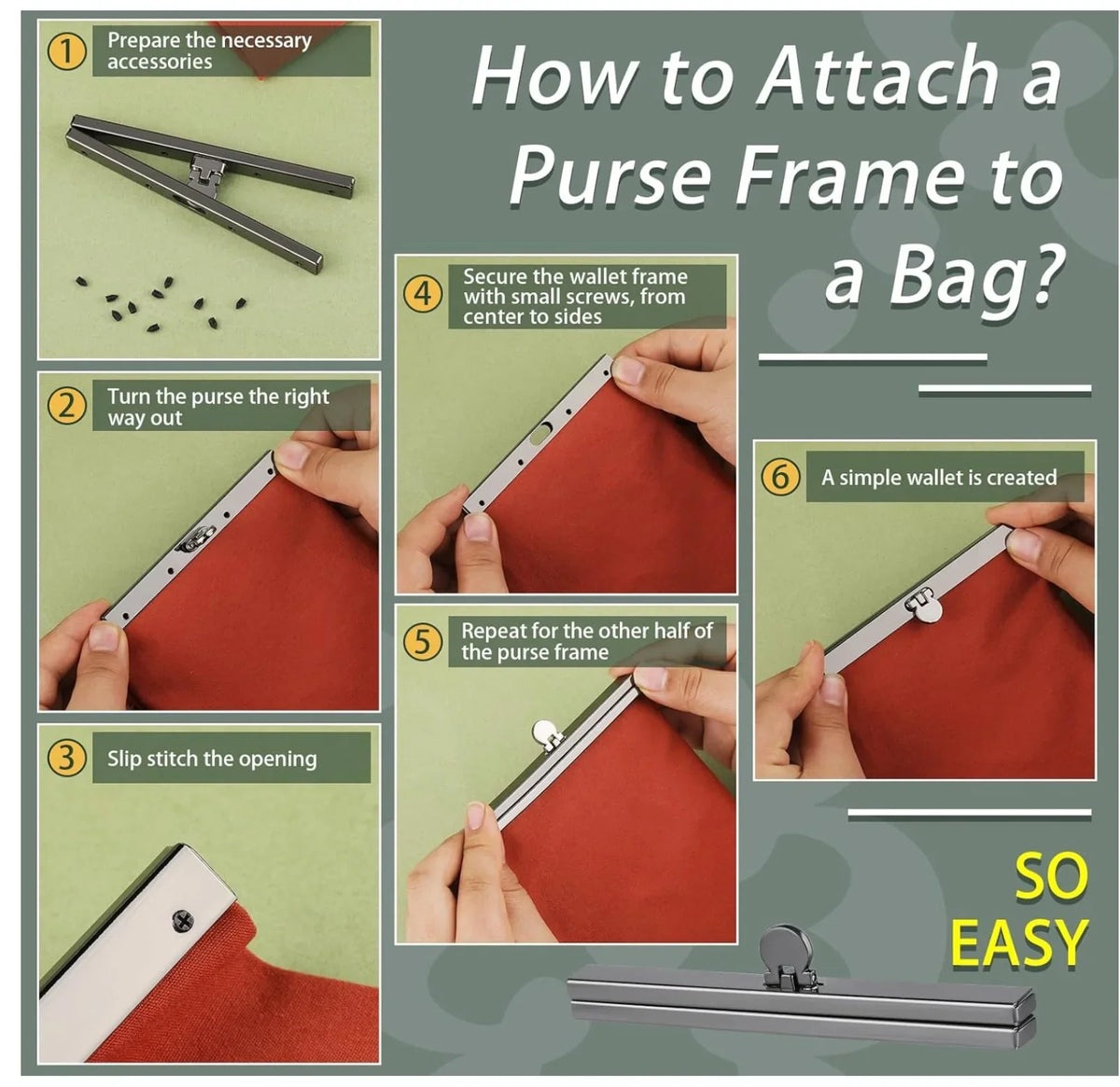Clutch purse frame bar shown in step-by-step assembly diagram with screw attachments