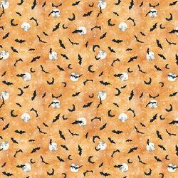 Cotton quilting fabric in light rust with scattered black bat silhouettes