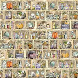 Caramel patterned fabric with whimsical books and potion-bottle icons