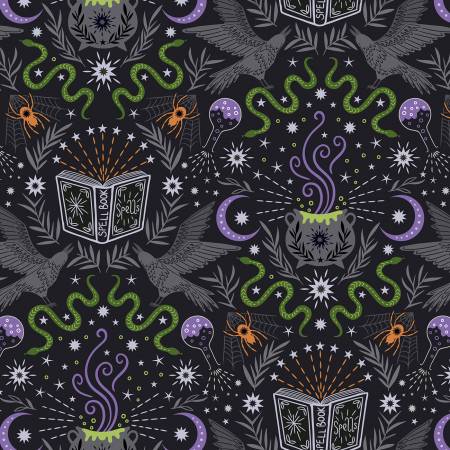 Black and silver metallic fantasy print fabric with witch hat, stars and flowers