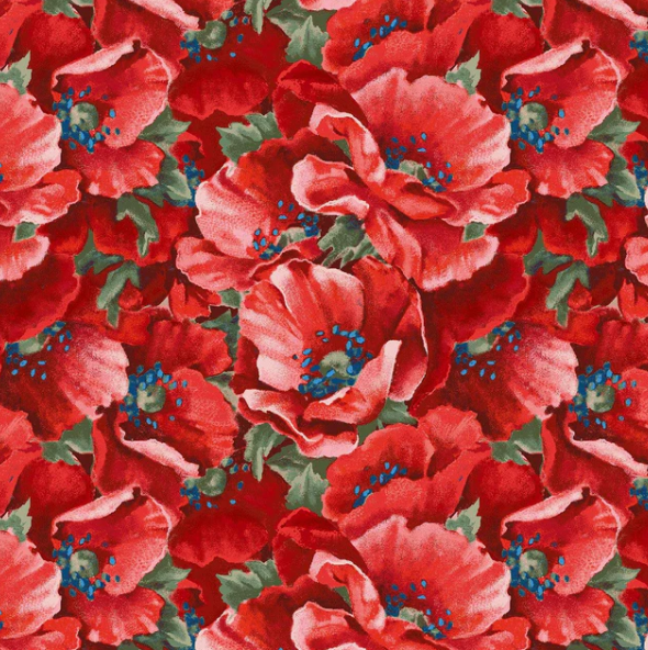 35" remnant Liberty for All Red Packed Poppy Flower from Henry Glass Sold by the Half Yard