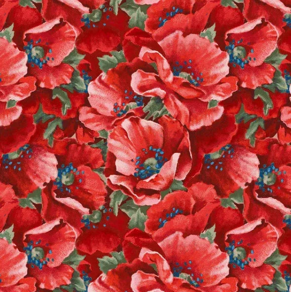 Floral fabric with red poppy flowers and blue dotted centers, green leaves