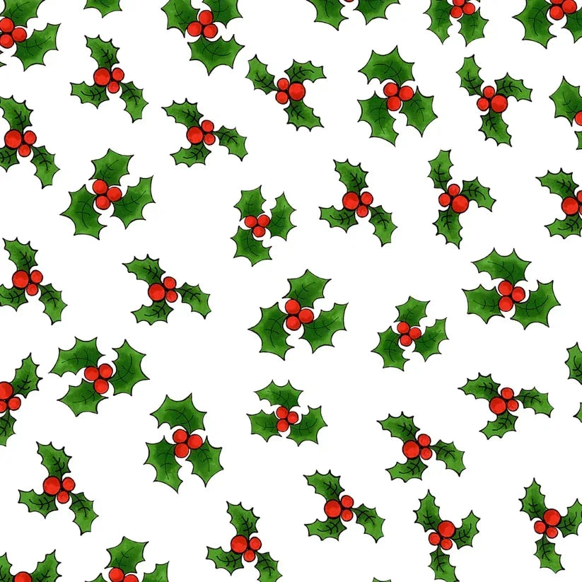White Christmas fabric with green holly leaves and red berry pattern
