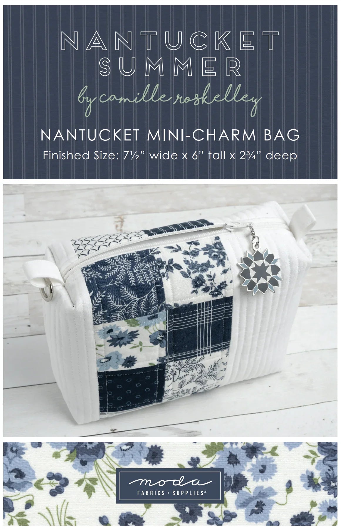 Navy and white patchwork mini zipper pouch with floral squares and metal zipper pull