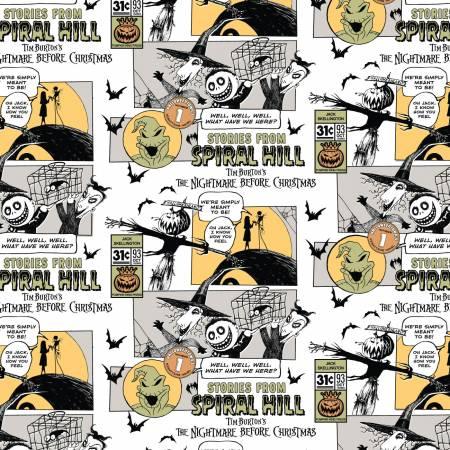 White cotton woven fabric with black, yellow, and orange comic strip print of characters