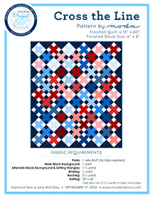 Quilt pattern booklet cover with patchwork squares in blue, red, and white