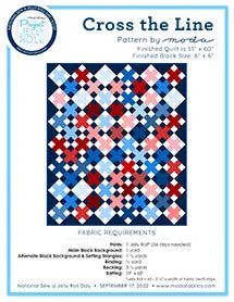 Quilt pattern booklet cover with patchwork squares in blue, red, and white