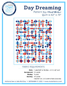 Quilt pattern booklet cover with patchwork blocks in red, blue, and white