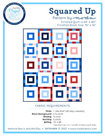 Squared Up sewing pattern sheet with blue and red quilt blocks, Moda