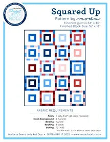 Squared Up sewing pattern sheet with blue and red quilt blocks, Moda