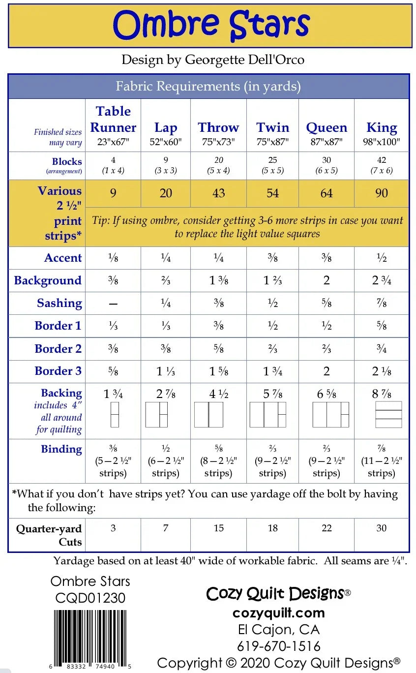 Quilt pattern fabric requirements chart with yardage for table runner through king