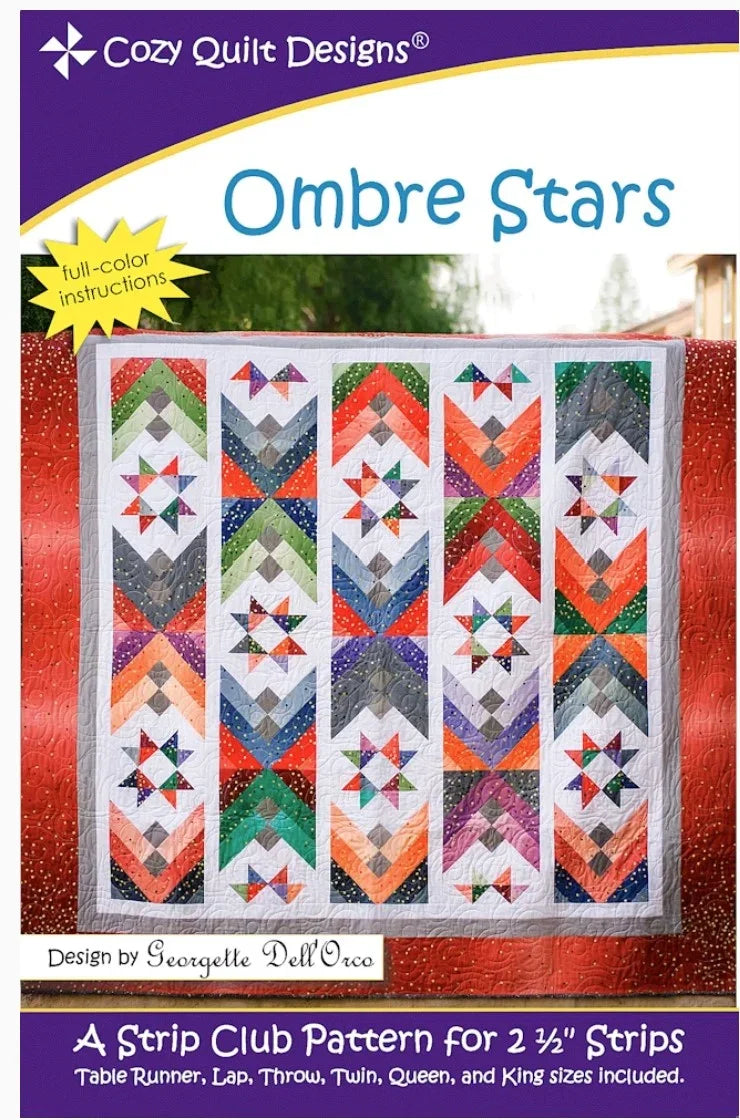 Ombre stars quilt pattern with colorful star blocks in vertical rows