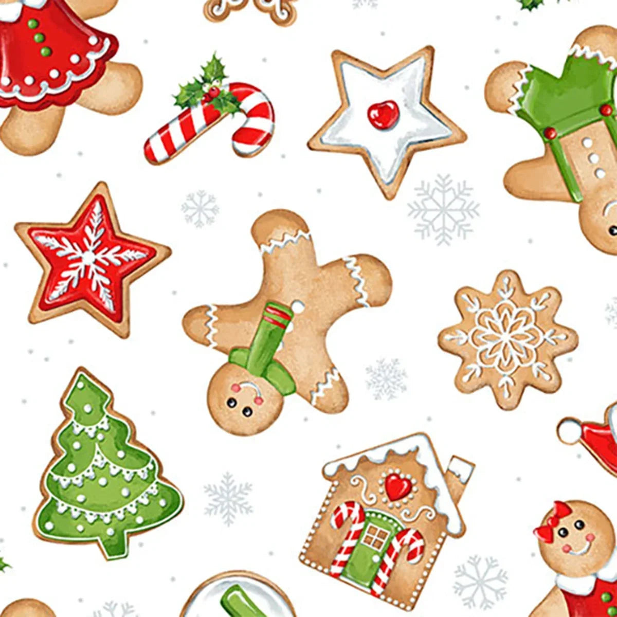 Decorative cookie-themed fabric with gingerbread men, stars, snowflakes, and candy canes