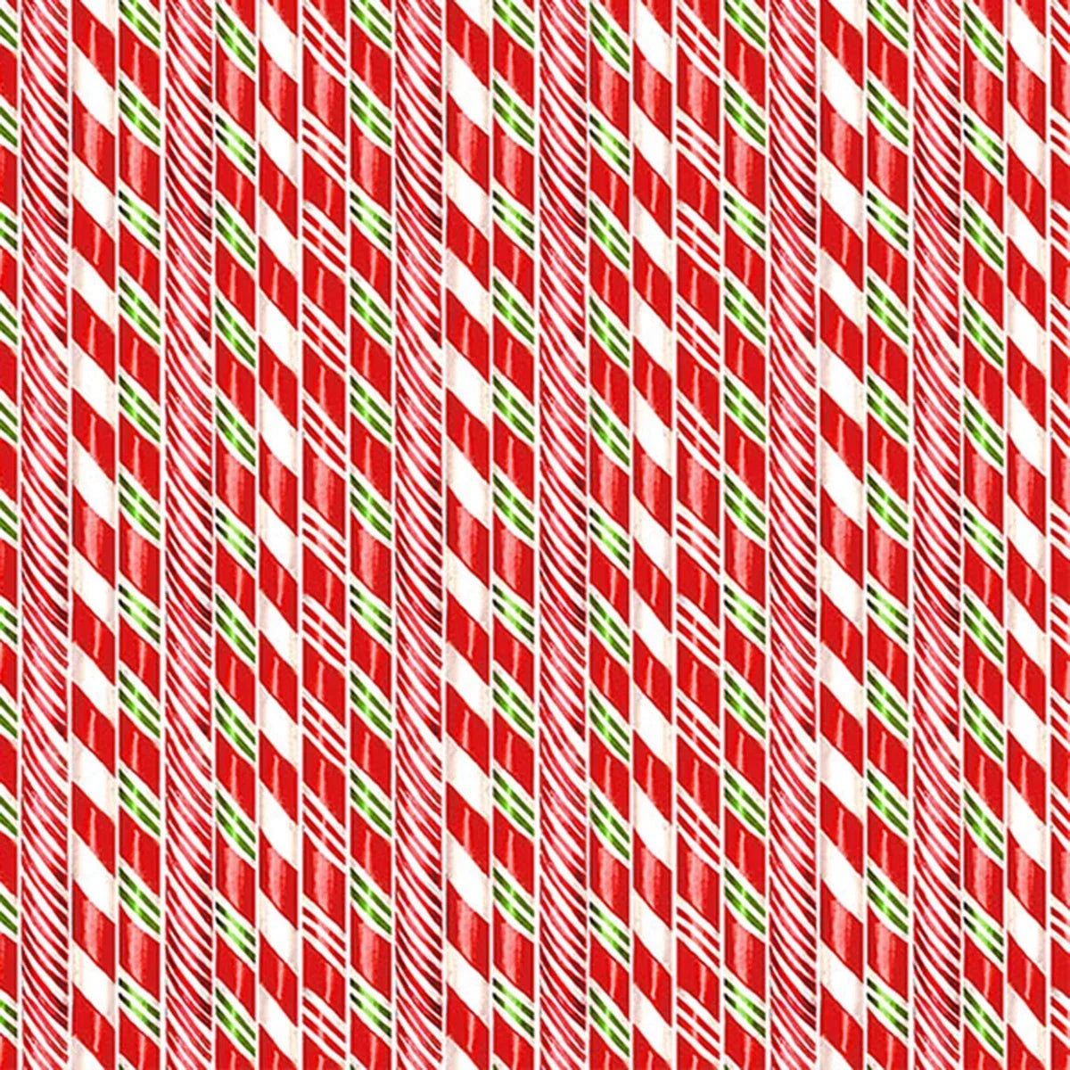 Red, white, and green candy cane stripe fabric with repeating angled candy canes