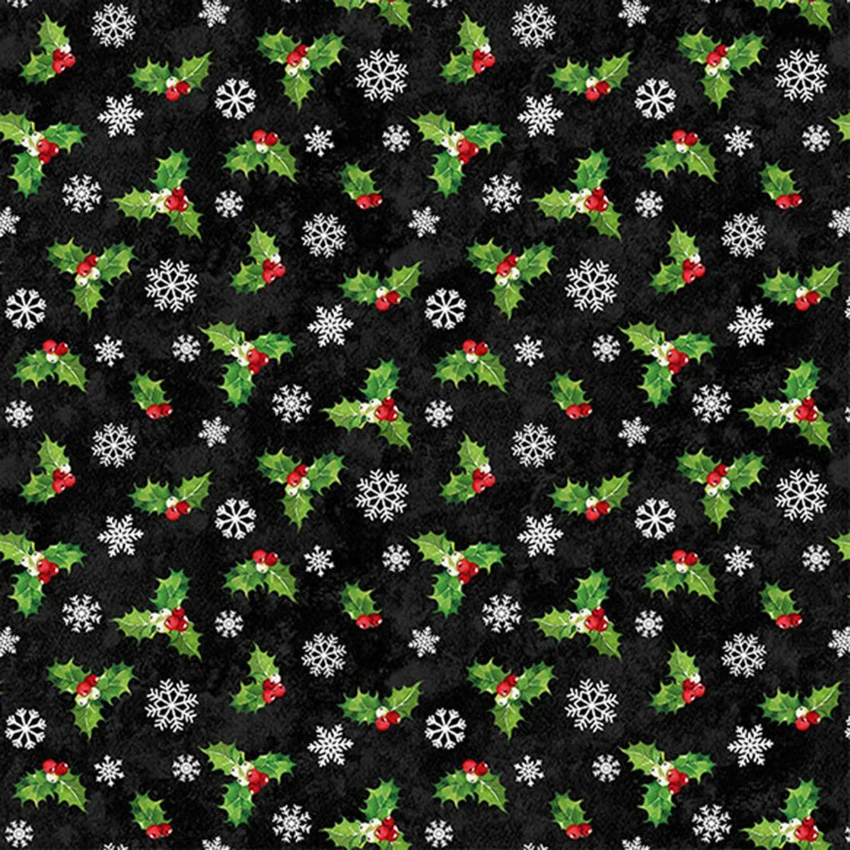 Black fabric with holly boughs, red berries, and white snowflakes pattern.