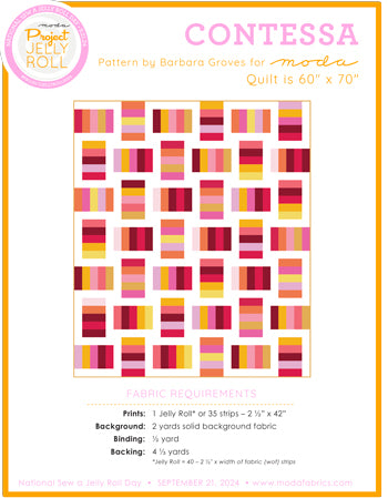 Jelly roll quilt free pattern sheet with multicolor patchwork blocks, Contessa Moda