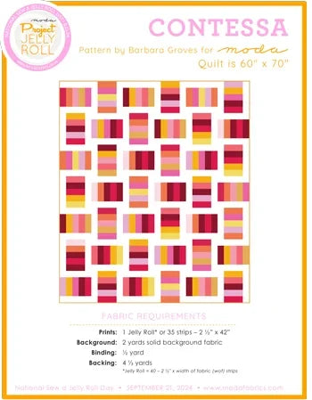 Jelly roll quilt free pattern sheet with multicolor patchwork blocks, Contessa Moda