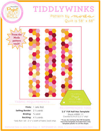 Moda Tiddlywinks jelly roll quilt pattern page with colorful hexagon patchwork layout