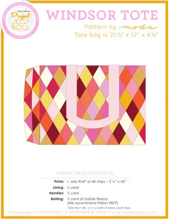Tote bag quilting pattern sheet with colorful geometric fabric block guide