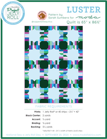 Quilt pattern leaflet for Luster Project Jelly Roll by Moda, multicolor patchwork layout