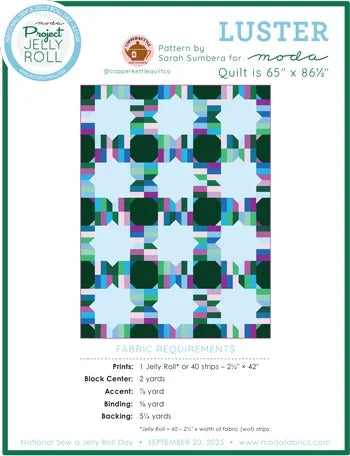Quilt pattern leaflet for Luster Project Jelly Roll by Moda, multicolor patchwork layout
