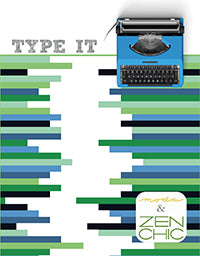Jelly roll free sewing pattern with typewriter graphic and green-blue fabric strips