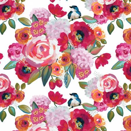 Floral bird cotton fabric with roses, poppies, and colorful blooms on white
