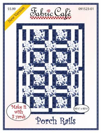Quilt pattern cover with blue porch rail block layout, Fabric Cafe