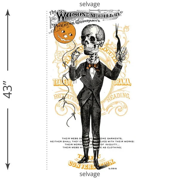 Halloween fabric panel featuring skeleton in black suit with orange swirls and text