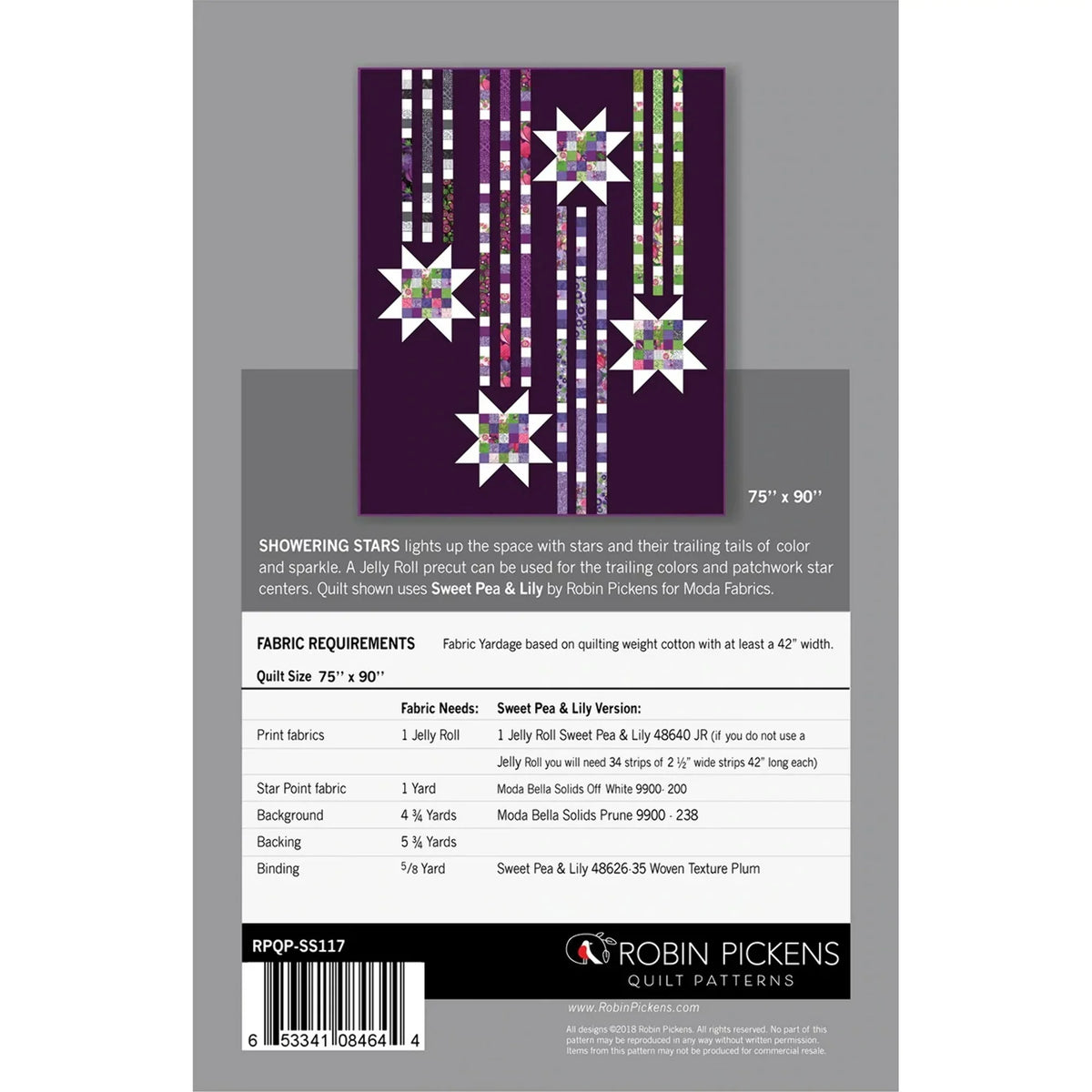 Quilt pattern cover for Showering Stars with purple stripwork and star blocks