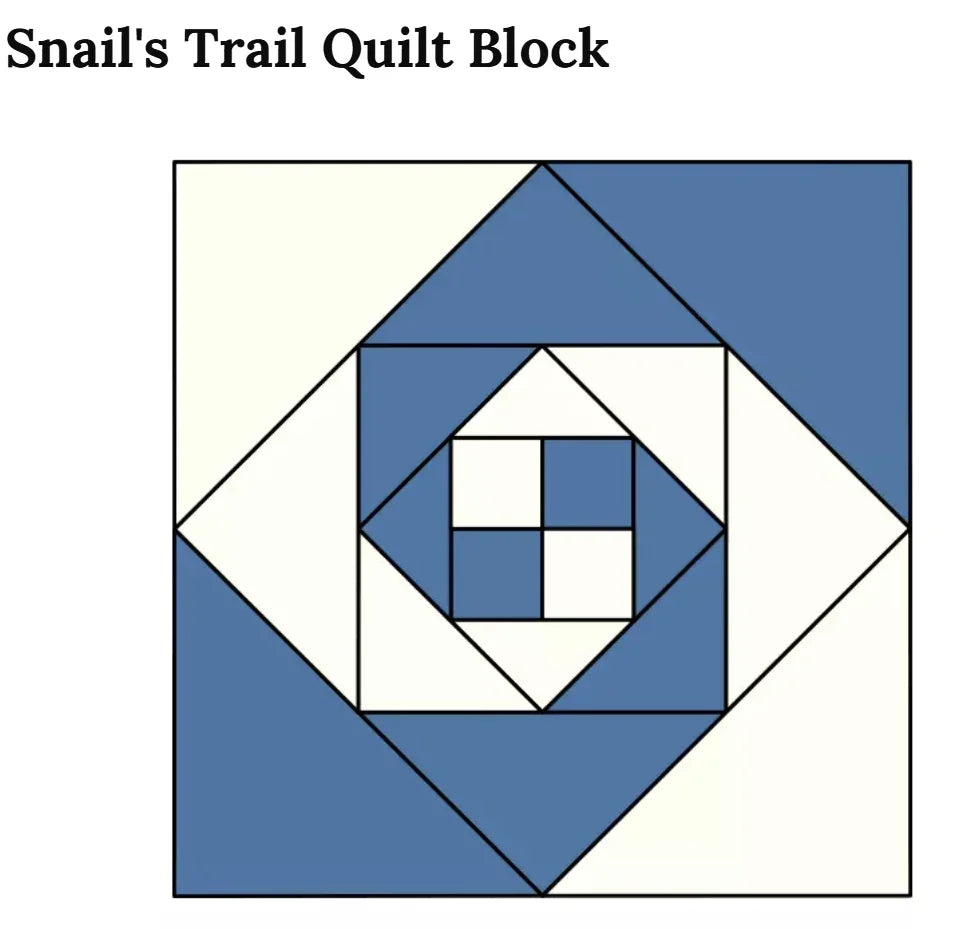 Quilt block pattern diagram with blue and off-white snail trail blocks