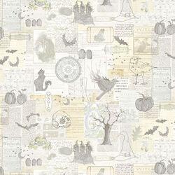 Light cream fabric with witchy collage prints: cauldrons, books, and bottles