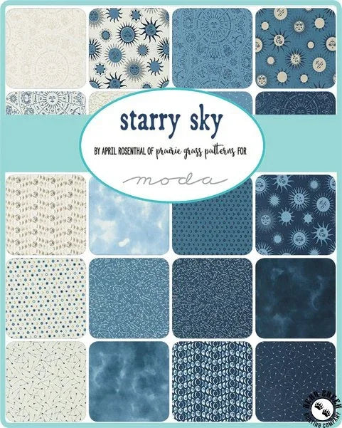Starry sky charm pack fabric selection, blue and white square prints in assorted patterns