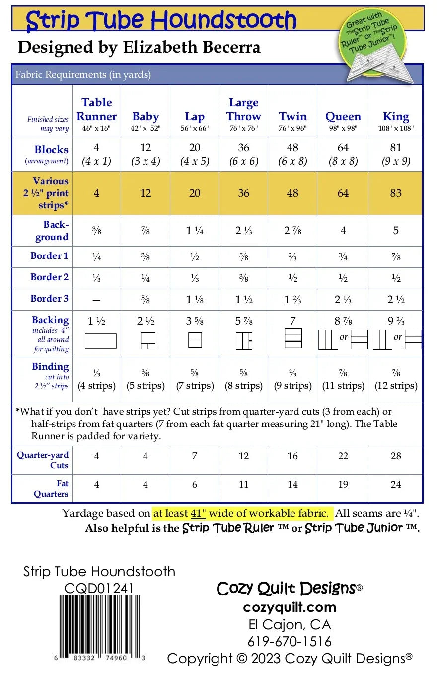 Strip tube houndstooth quilt pattern sheet with size chart for table runner to king.