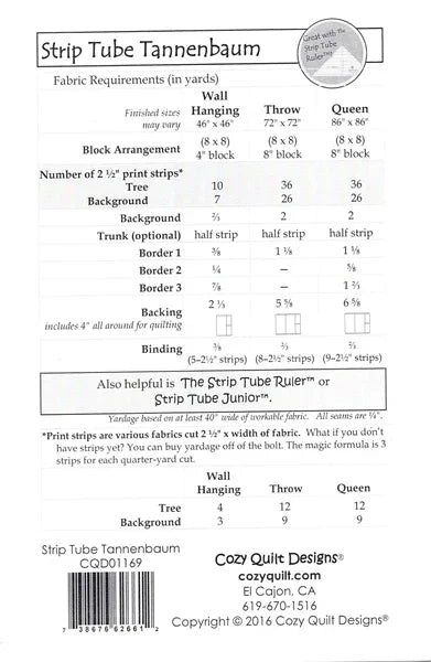 Quilt pattern instruction sheet with measurements, yardage chart, and block details
