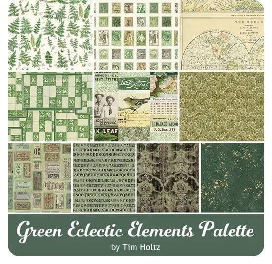 Green Tim Holtz fat quarter fabric bundle with varied botanical, text, and damask prints