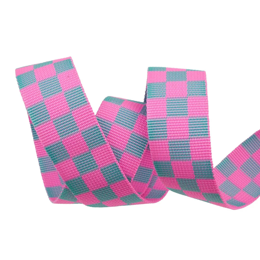 Checkered woven ribbon, pink and teal geometric square pattern