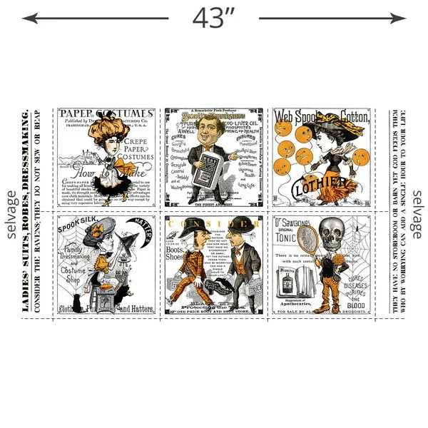 Printed Halloween-themed patchwork panel fabric with cartoon costumes and skulls