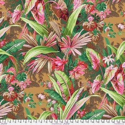 Jungle print fabric in brown with pink flowers, green leaves, and palm fronds