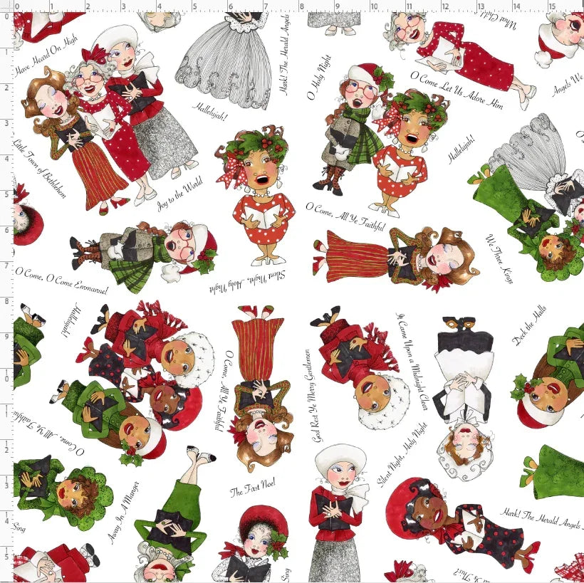 Christmas fabric with scattered carolers in red, green, and gray illustrations