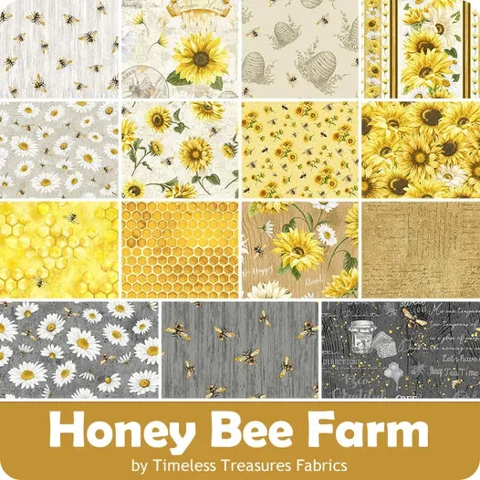 Honey Bee Farm fabric squares and strips with daisies, bees, and honeycomb on yellow