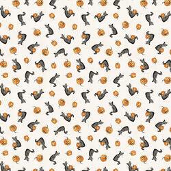 Light cream fabric with small black cats, pumpkins, and orange Halloween icons print