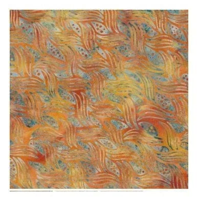 Orange batik fabric yardage with yellow and blue swirls and dot clusters