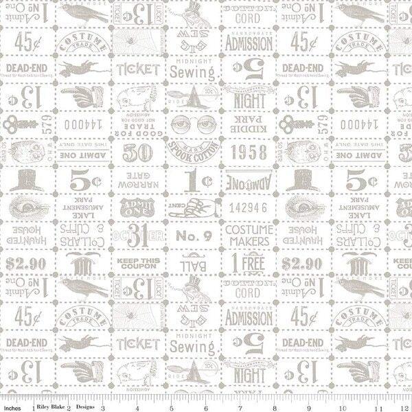 Ticket grid fabric with gray vintage tickets, numbers, and text on white