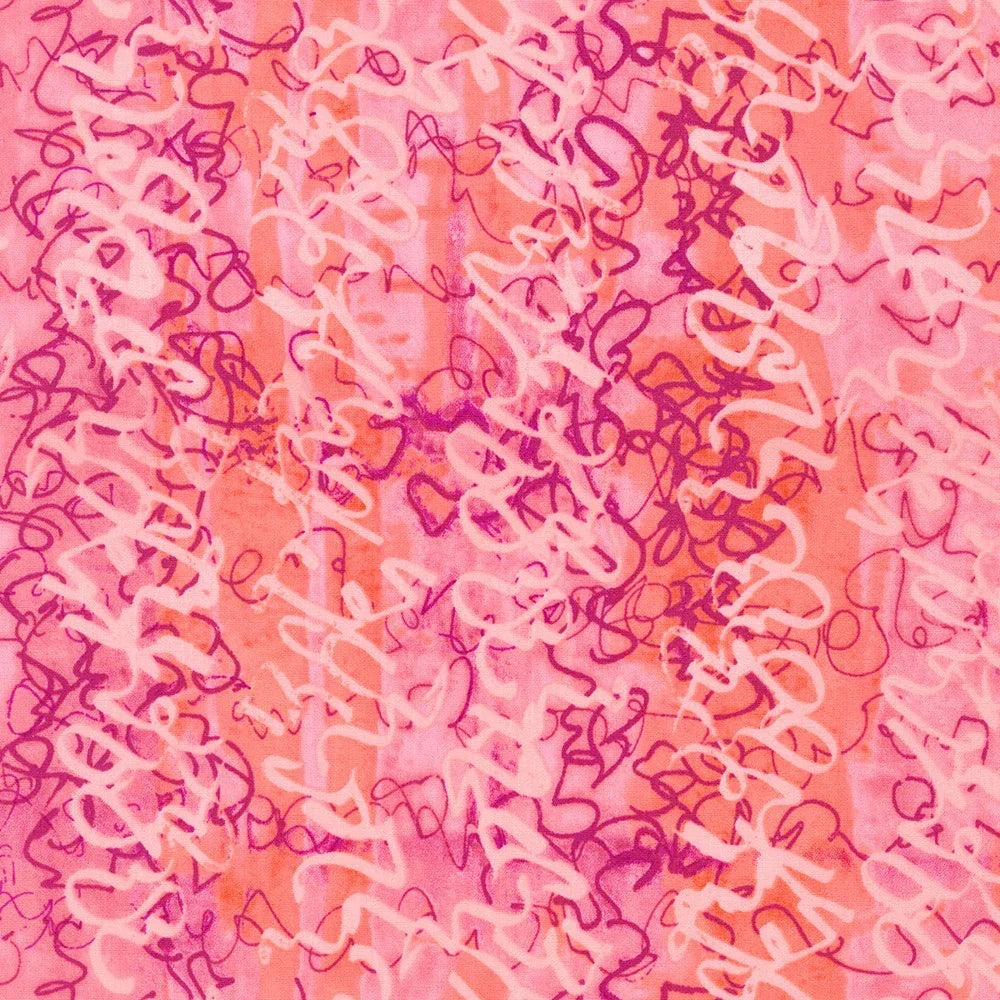 Coral pink printed fabric with purple abstract ribbon-like pattern