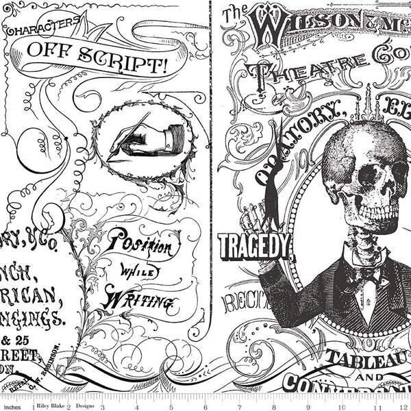 White fabric panel with vintage theatre typography, skull and handprint illustration