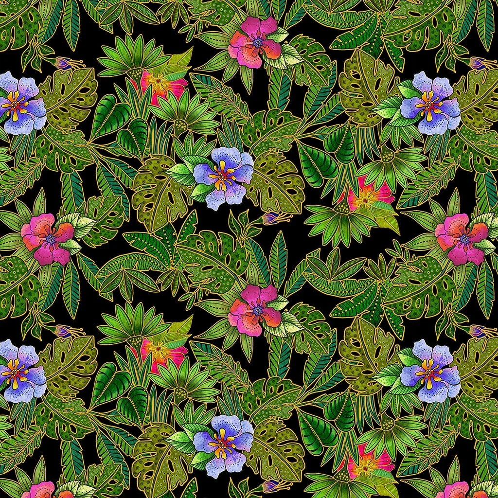 Jungle floral leaf fabric with metallic accents on dark base