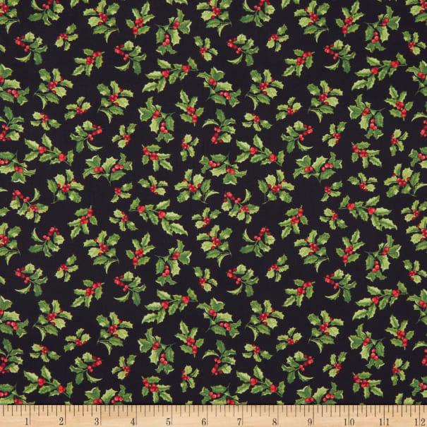 Holly and berry print fabric with green leaves and red berries on dark ground
